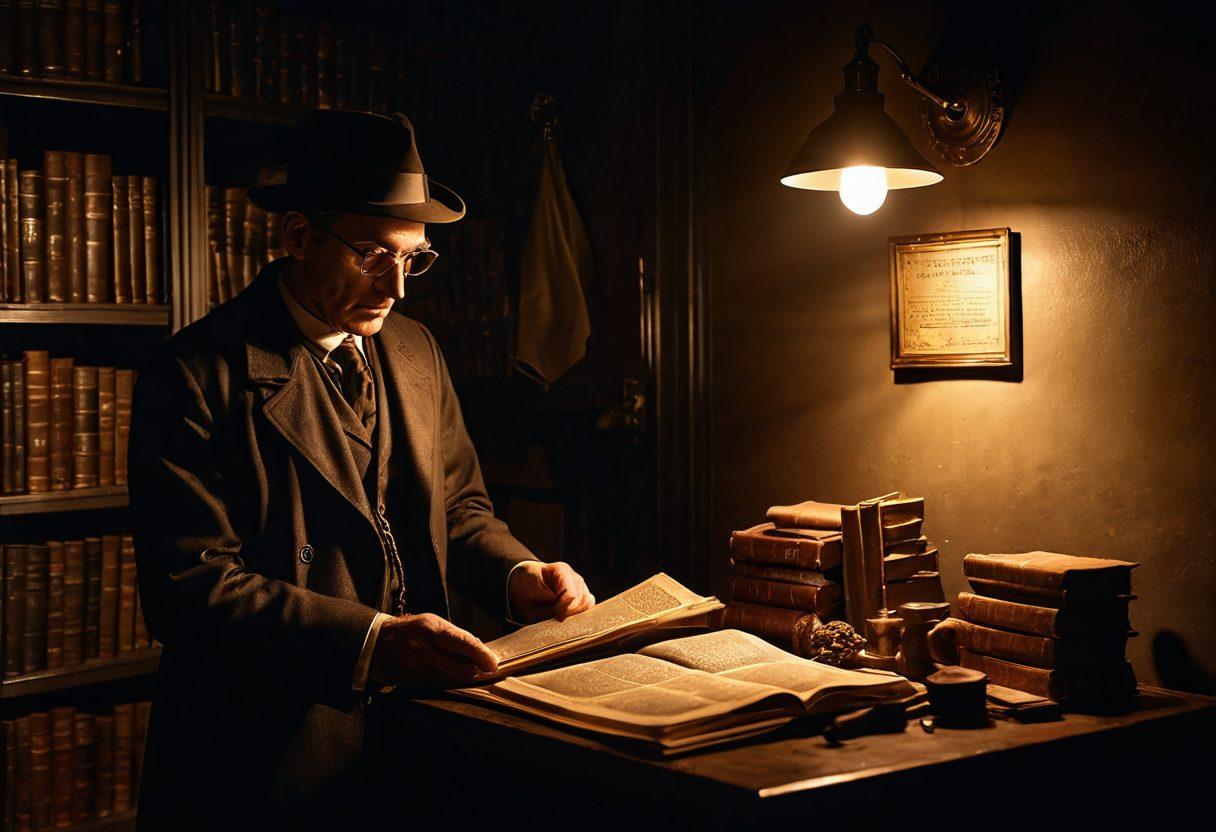 A mysterious, dimly-lit room filled with intriguing artifacts and clues, including magnifying glasses, old books, and cryptic maps. A shadowy figure in a detective's hat is examining a clue closely, with an expression of curiosity and determination. The atmosphere is suspenseful, with flickering candlelight and shadows dancing on the walls. Elements of intrigue like hidden doors and secret compartments enhance the detective theme. super-realistic. moody lighting. rich textures.