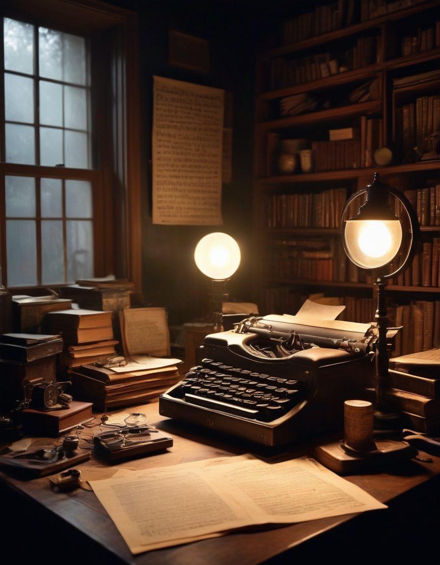 A dimly lit room filled with shadows, showcasing a vintage detective's desk cluttered with magnifying glasses, mysterious letters, and an old-fashioned typewriter. In the background, a ghostly figure peeks from behind a dusty bookshelf, while a dramatic moonlight beams through the window, creating an eerie atmosphere. The scene should evoke intrigue and suspense, encouraging a sense of adventure in the mystery genre. super-realistic. dark tones. vibrant highlights.