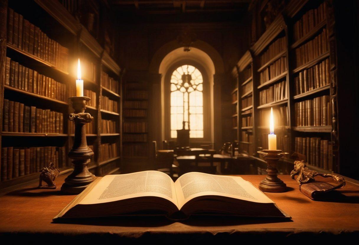 A mysterious, dimly-lit library filled with ancient books, scrolls, and intriguing artifacts hinting at unsolved mysteries. A glowing key hovering above an open book illuminated by a single beam of light, casting shadows that suggest hidden secrets. Mysterious symbols adorn the walls, and silhouettes of cloaked figures are faintly visible in the background, adding to the allure. Enveloping atmosphere of suspense and curiosity. super-realistic. dark tones. vibrant highlights.